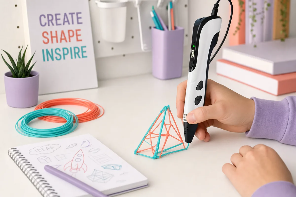 Adulte qui réalise une création détaillée avec le stylo 3D professionnel Sculpio Créatif en filament PLA